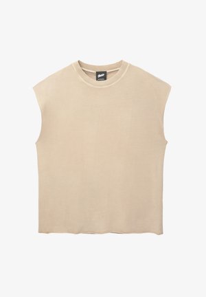 Beige sleeveless top made of soft fabric, with a round neck, dropped shoulders, and a relaxed fit. Smooth texture; unfinished hem edges.