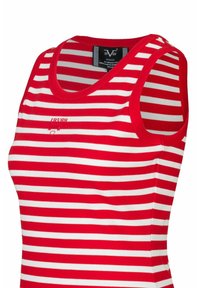 Rot-weißer gestreifter Tanktop mit Rundhalsausschnitt, aus elastischem Material gefertigt. Mit kleinem Logo-Detail auf der Vorderseite.