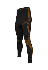 Schwarze Sportleggings mit orangefarbenen geometrischen und gestreiften Mustern; glatte Textur; figurbetontes Design; elastischer Bund mit Logo oben.