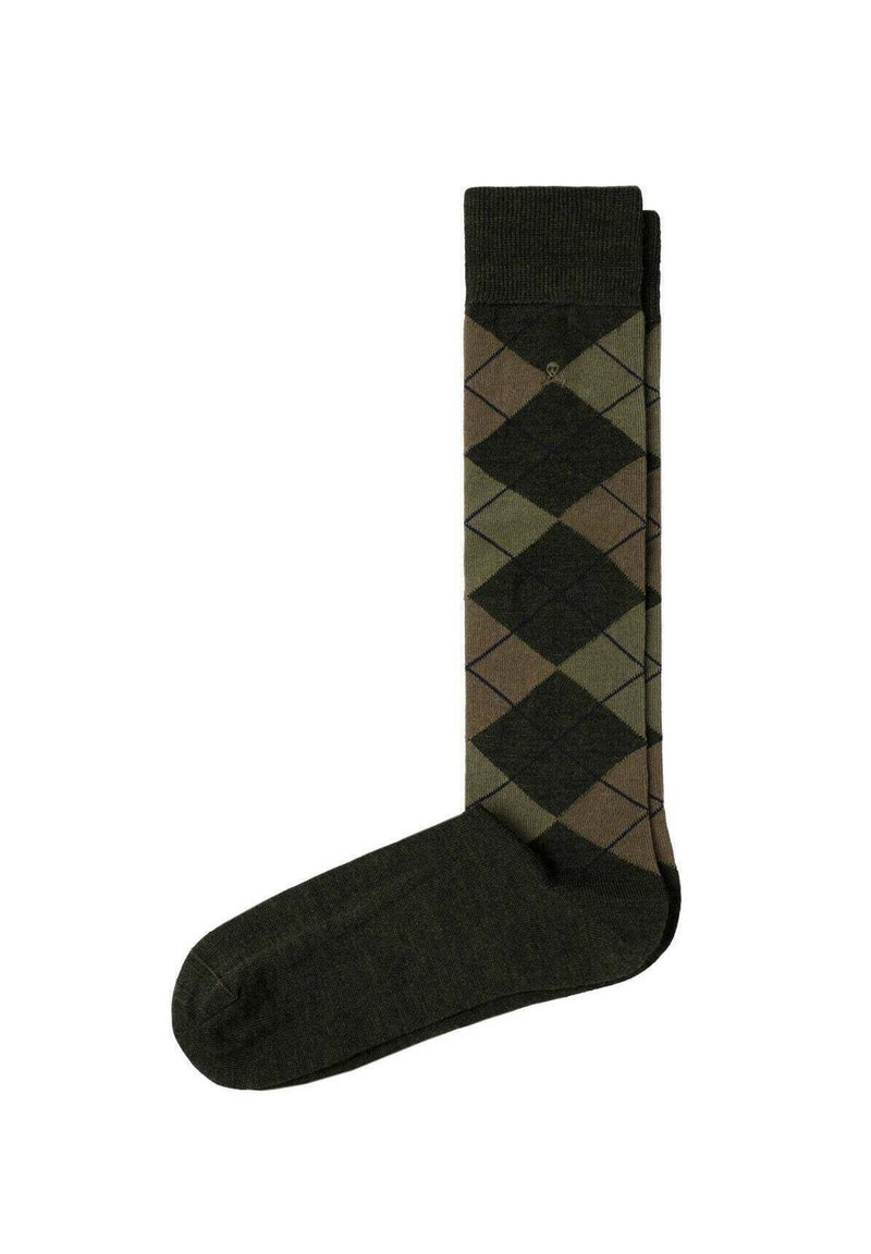 Donkergroene sok met een argylepatroon in tinten groen en bruin, met een geribbelde bovenkant en een gladde textuur.
