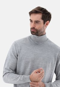 Grauer Rollkragenpullover aus strukturiertem Strickstoff, mit langen Ärmeln und taillierter Silhouette. Minimalistisches Design ohne Muster.