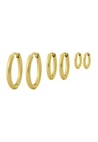 Goldene Creolen in verschiedenen Größen, mit einer glatten, polierten Oberfläche und einem schlichten, kreisförmigen Design mit nahtlosem Verschluss.