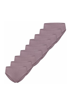 Sieben damenunterhosen in mauvefarben, diagonal gestapelt, schlichtes Design, elastische Taillenbänder, nahtlose Kanten, sichtbar auf weißem Hintergrund.