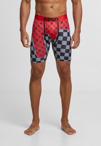Boxer-briefs pour hommes avec un motif en damier rouge et noir, dotés d'une taille rouge et de logos imprimés sur le tissu.