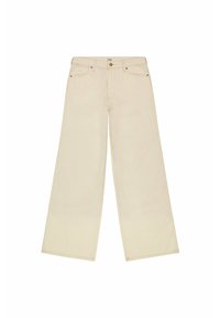 Ljust beige vida jeans gjorda av denim. Har hög midja, fem-fickorsdesign och en brun metallknapp i midjan.