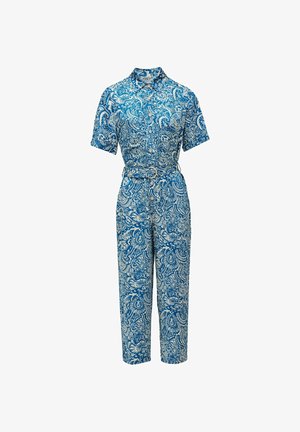 Tuta corta a maniche corte con bottoni, stampa a motivi blu e bianchi, con colletto e cintura abbinata in vita.