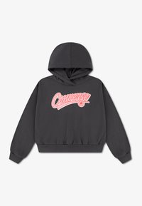 Σκούρα γκρι φούτερ με κουκούλα, εμπρόσθια τσέπη, ρυθμιζόμενο κορδόνι και ροζ λογότυπο "Converse" στο στήθος. Ριμπ μανσέτες και τελείωμα.