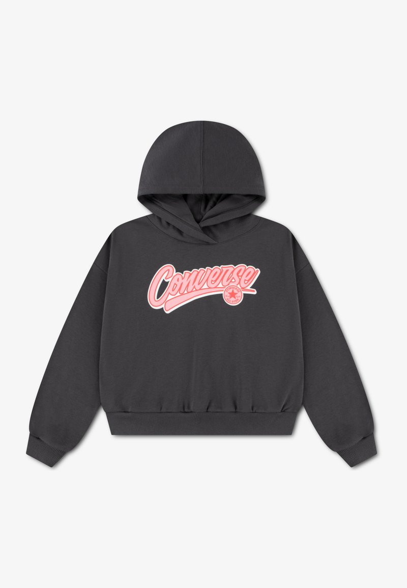 Σκούρα γκρι φούτερ με κουκούλα, εμπρόσθια τσέπη, ρυθμιζόμενο κορδόνι και ροζ λογότυπο "Converse" στο στήθος. Ριμπ μανσέτες και τελείωμα.