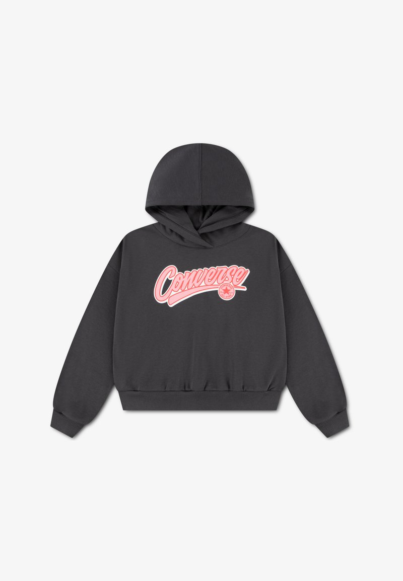 Σκούρα γκρι φούτερ με κουκούλα, εμπρόσθια τσέπη, ρυθμιζόμενο κορδόνι και ροζ λογότυπο "Converse" στο στήθος. Ριμπ μανσέτες και τελείωμα.