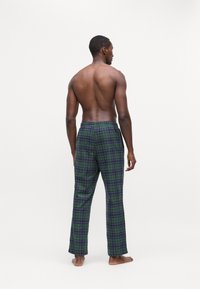 Kockované pyžamové nohavice v zelenej a námornej farbe, vyrobené z mäkkého materiálu, s elastickým pásom a uvoľneným strihom so rovným nohavicami.