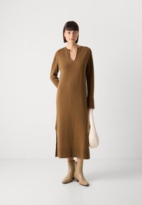Abito a maglia marrone con maniche lunghe, fessure laterali e scollatura a V, abbinato a stivaletti beige e una borsa color crema. Texture liscia.