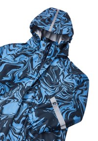 Water-resistant jacket with a blue and black marbled pattern, featuring a hood, zipper closure, and reflective accents on the sleeve.