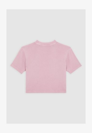 Růžový top s krátkým rukávem a žebrovaným vzorem, s vysokým výstřihem. Má čisté, šité lemy a přiléhavý střih. Měkká textura, lehký materiál.