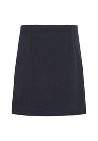Tumši zilas krāsas mini svārki ar taisnu griezumu, kas izceļas ar gludu tekstūru un bez redzamām rotājumiem. Vienkārša jostasvieta bez kabatām.