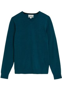 Maglione a V in teal scuro, realizzato in lana pregiata, con maniche lunghe e polsini e orlo a costine. Texture liscia, dettagli minimi.