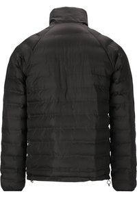 Giacca nera imbottita con colletto alto, caratterizzata da un design trapuntato e polsini elastici. La vista posteriore mostra una texture liscia e senza hardware visibile.