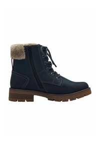 Bottines marines avec un col en fausse fourrure, fermeture à lacets et zip sur le côté, semelle en caoutchouc marron épaisse et détails de couture blanche contrastante.