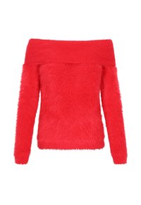Roter schulterfreier Pullover mit weicher, flauschiger Textur, langen Ärmeln und figurbetonter Passform. Der Kragen hat ein breites Rippstrickdesign.