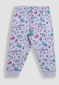 Pantalones de pijama de color púrpura claro con cintura elástica, que presentan un estampado de coloridos dinosaurios y flores. Puños en el tobillo de un púrpura a juego.