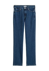 Jean en denim bleu foncé avec une coupe droite, cinq poches et des boutons métalliques à la taille. Bords nets et texture uniforme.