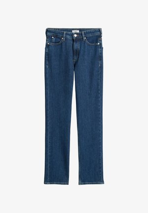 Granatowe dżinsy z denimu o prostych nogawkach, pięcioma kieszeniami i metalowym guzikiem w pasie. Proste krawędzie i jednolita tekstura.