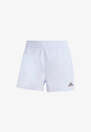 Calções atléticos brancos com um cós elástico, feitos de material leve, apresentando um pequeno logo escuro na parte inferior da perna direita.