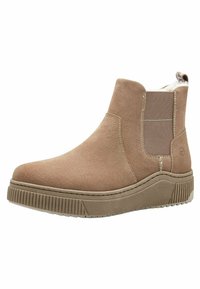Bottine en suede marron avec panneaux latéraux élastiques, semelle texturée et col rembourré. Présente une bride de tirage pour un enfilage facile.