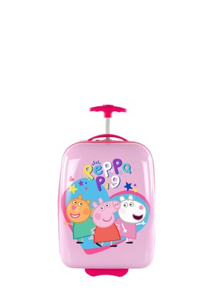 Valigia per bambini rosa con Peppa Pig e i suoi amici. Scocca rigida, manico rosa retrattile e design grafico colorato con stelle.