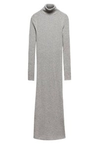 Abito grigio in maglia a collo alto con maniche lunghe e design lungo fino al pavimento. Realizzato in un tessuto morbido, presenta una vestibilità aderente attorno al collo.