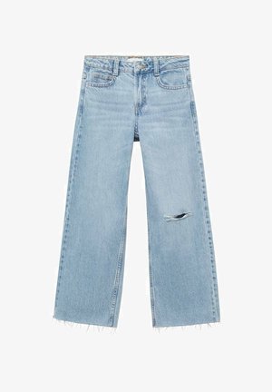 Jasnoniebieskie jeansy z wysokim stanem i szerokimi nogawkami z denimu, z postrzępionym dołem i przetarciem na przedniej lewej nodze.