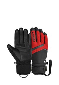 Black leather gloves with red fabric accents. Features include a velcro strap, waterproof construction, and a textured grip on fingers.