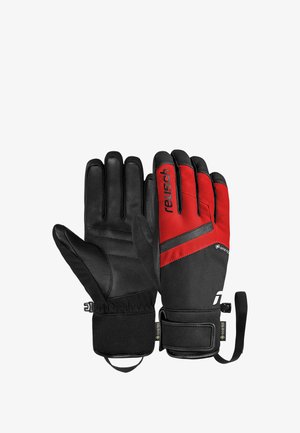 Black leather gloves with red fabric accents. Features include a velcro strap, waterproof construction, and a textured grip on fingers.