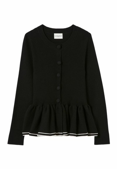 Cardigan nero a maniche lunghe in tessuto a coste con scollo rotondo, bottoni rivestiti in tessuto e orlo peplo arricciato con rifiniture bianche.