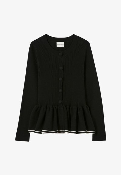 Cardigan nero a maniche lunghe in tessuto a coste con scollo rotondo, bottoni rivestiti in tessuto e orlo peplo arricciato con rifiniture bianche.