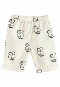Weiße Baumwollshorts mit einem Blumenmuster, das schwarze umrandete Blumen und grüne Stängel zeigt, elastischer Bund und gerader Schnitt.