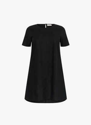 Abito nero a maniche corte con scollatura tonda e dettaglio a oblò posteriore. Forma a trapezio, texture liscia, lunghezza al ginocchio, senza motivi visibili.