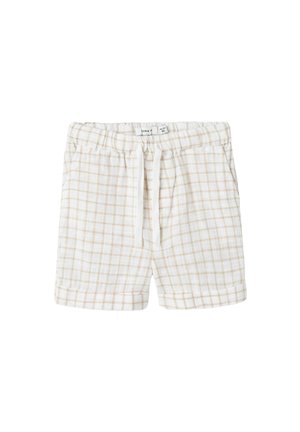 Pantaloni corti in plaid leggeri beige e bianchi, con cintura regolabile, orlo arrotolato e tessuto morbido.