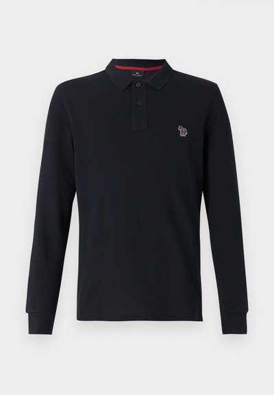 Camisola polo de manga longa azul-marinho, feita de algodão, com colarinho, pala com três botões e um pequeno logótipo bordado no peito.