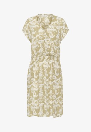 Světlé zelené šaty s krátkými rukávy, zdobené bílým květinovým vzorem na celém povrchu a elastickým pasem pro pohodlný střih.