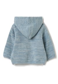 Hellblau gestrickte Kapuzenjacke mit strukturiertem Finish, einfachem Design und geripptem Saum sowie Ärmelbündchen.