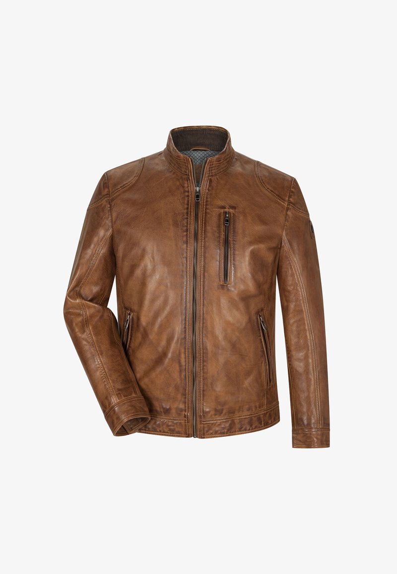 Braune Lederjacke mit Stehkragen, durchgehendem Reißverschluss und einer Reißverschlusstasche auf der Brust. Verfügt über Stickdetails und seitliche Taschen.