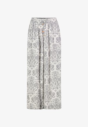 Leichte, grau gemusterte Hosen mit einem elastischen Bund, einem Kordelzug mit Holzakzenten und einem entspannten, weiten Schnitt.