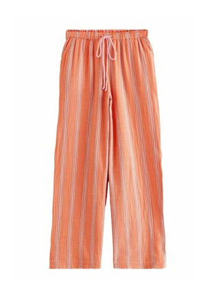 Pantalones sueltos de color naranja con rayas verticales blancas y rosas, cintura elástica y cordón blanco ajustable en la parte delantera.