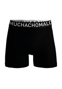 Črne bokserice z širokim elastičnim pasom, ki vsebuje bel napis "MUCHACHO". Gladek material in prilega zasnova z zmerno dolžino.