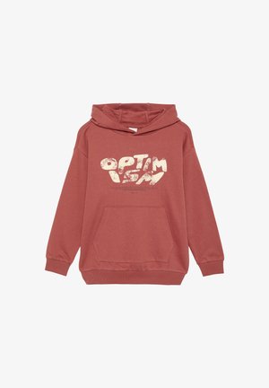 Bordowy bawełniany hoodie z kieszenią z przodu i dużą grafiką "OPTYMIZM" w kremowym kolorze, z kapturem na sznurku i ściągaczami przy mankietach.