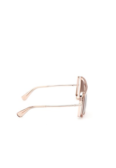 Ochelari de soare roz aurii cu lentile dreptunghiulare, rame subțiri din metal și temple curbe. Design elegant cu o textură fină și un stil minimalist.