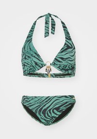 Bikini komplet z morsko zeleno in črno zebrovino. Zgornji del ima vratno vezi, izrezano podrobnost in zlato kovinsko okrasje na sredini.