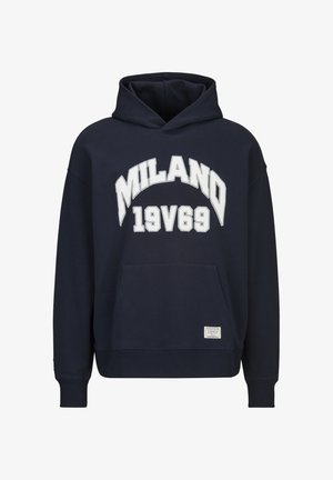 Marineblauwe hoodie met voorzak, witte tekst "MILANO 19V69" over de borst, geribbelde manchetten en zoom.