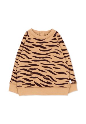 Felpa beige a maniche lunghe per bambino piccolo con motivo a righe di tigre marrone scuro e scollo rotondo, distesa su sfondo bianco.