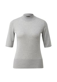 Grauer kurzärmliger Rollkragenpullover mit figurnaher Silhouette. Hergestellt aus weichem Strickstoff, mit gerippten Bündchen und Saumdetail.